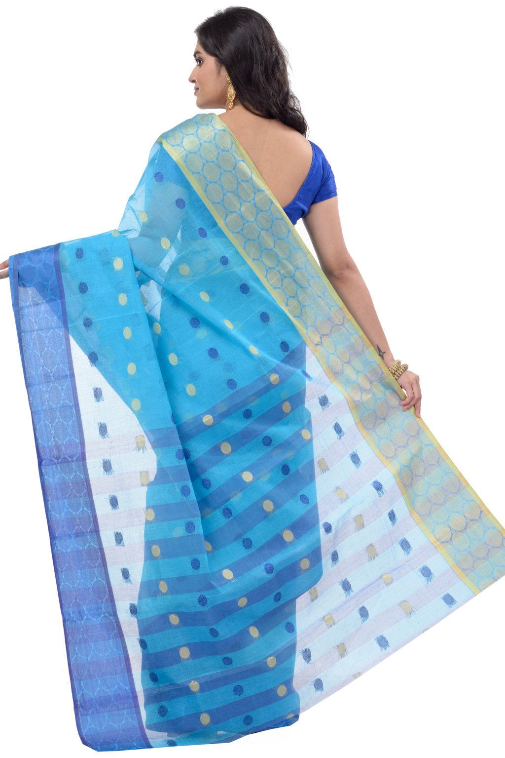 Blue Pure Cotton Ganga Jamuna Tant Saree (1861)